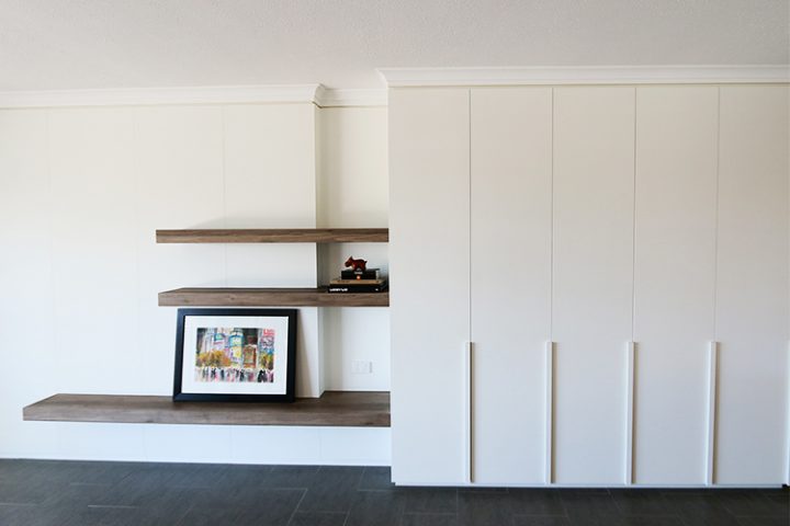 apartment makeover Brisbane, living room storage, timber shelves