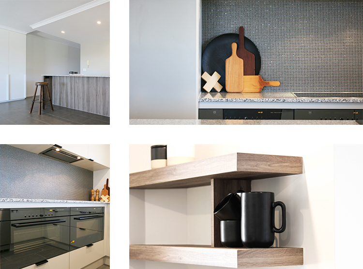 small kitchen design Brisbane, floating timber shelves
