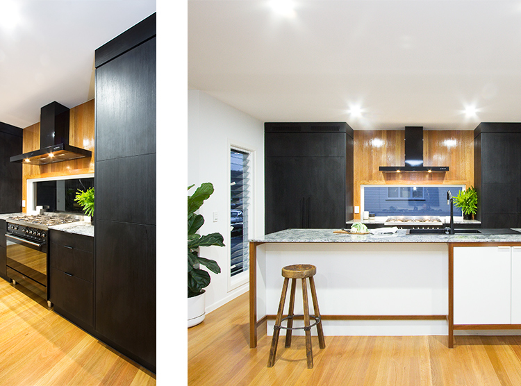 Kitchen makeover Brisbane, black cabinetry, timber wall panelling